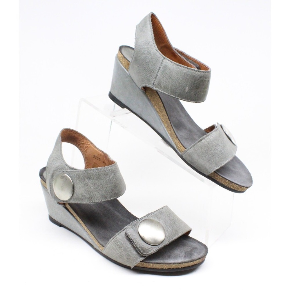 Taos Carousel 2 Grey Leather Wedge Open Toe Slingback Sandal Womens 40 US 9-9.5‎
